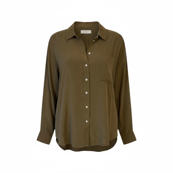 EVERLANE NWT Button Down 100% Silk Oversized Longsleeve Shirt Olive Green Size 0 - Picture 3 of 9